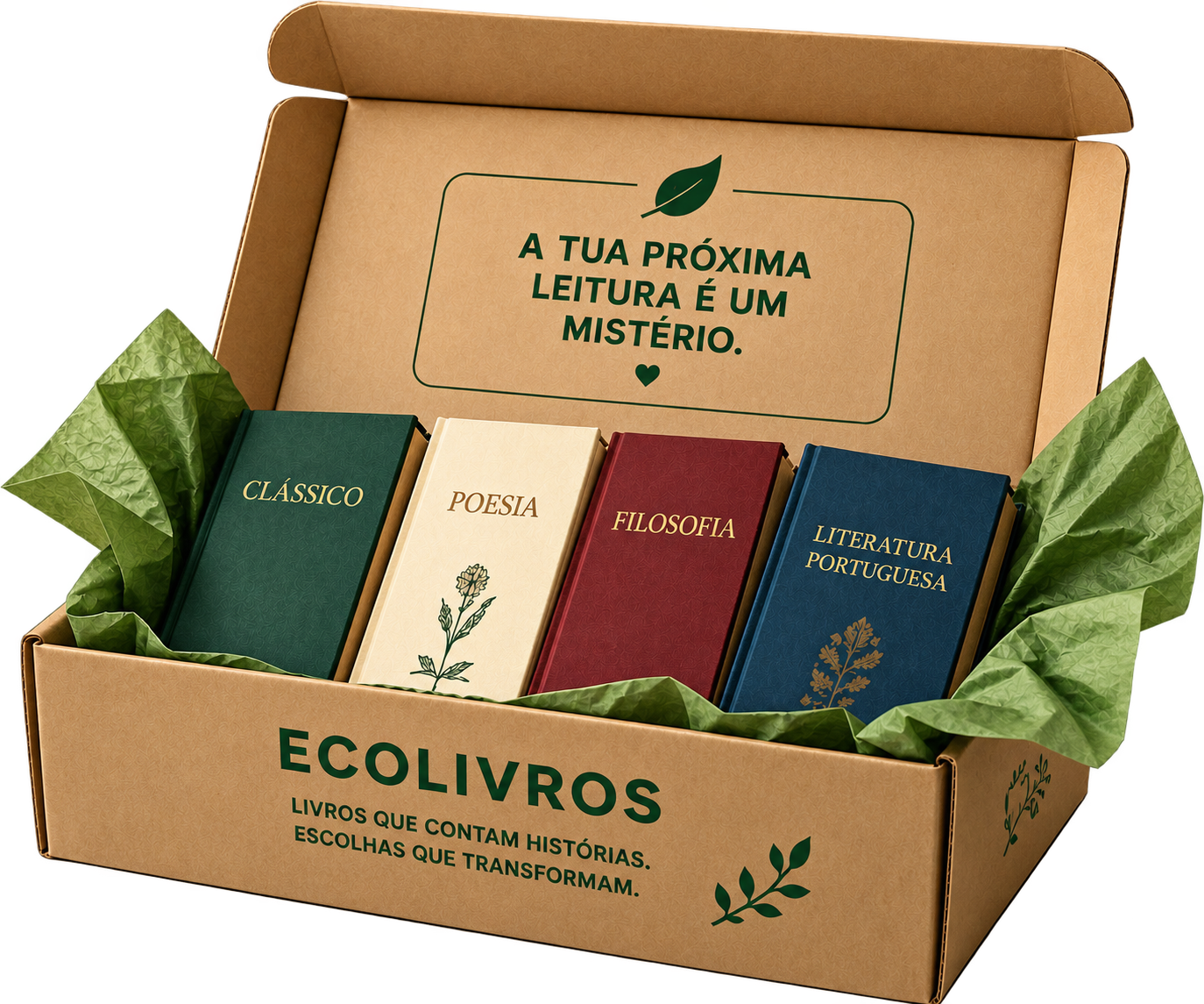 Caixa ECOBOX aberta com quatro livros: Clássico, Poesia, Filosofia e Literatura portuguesa