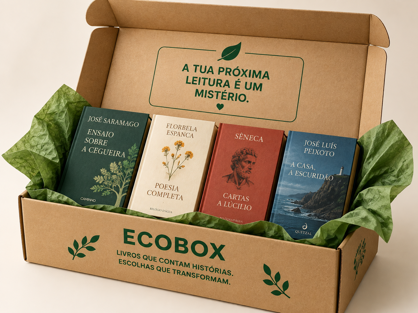 Caixa ECOBOX aberta com livros